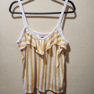 NWT Womans Old Navy Yellow/White Striped Spagetti Ruffle Tank Top Size:Large